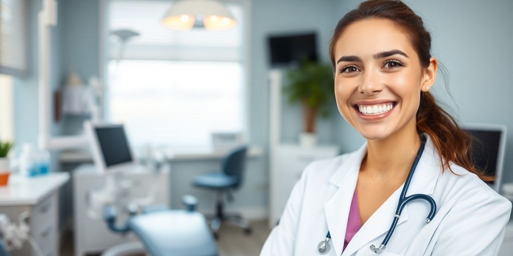 Glückliches Paar im modernen Behandlungsraum beim Zahnarzt.