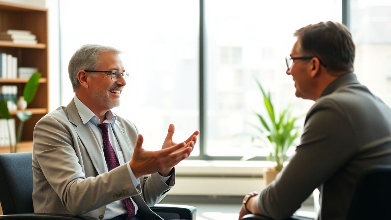 Versicherungsberater und Kunde im Gespräch im Büro