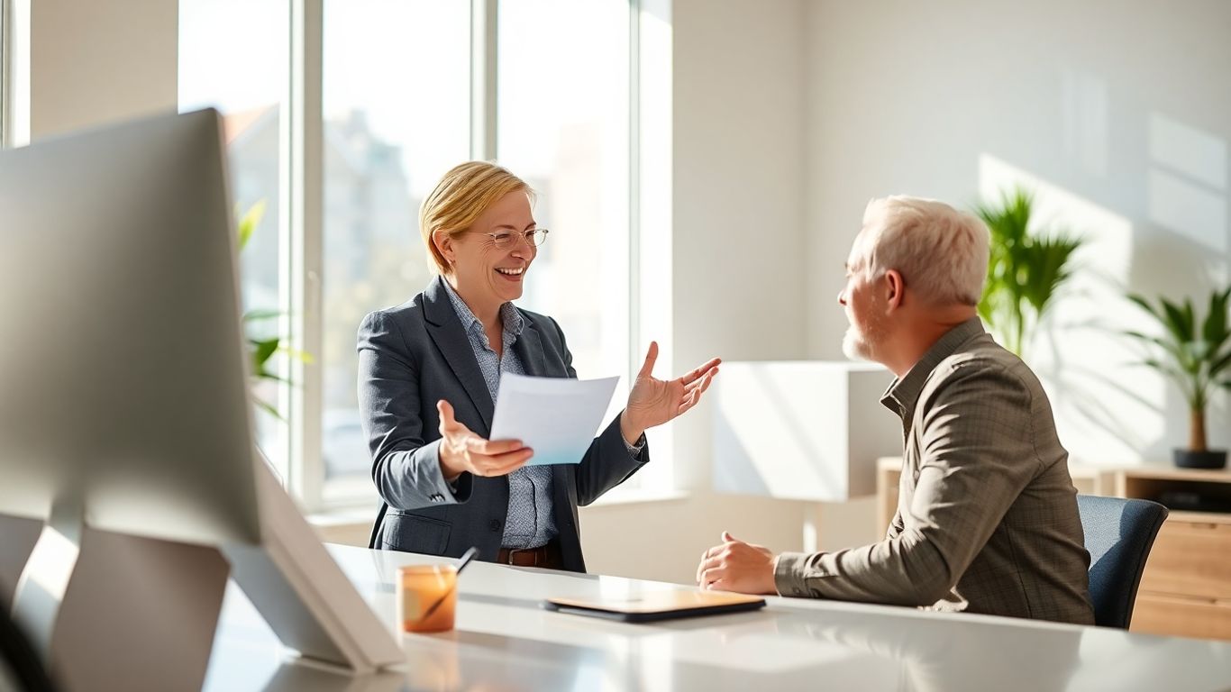 Versicherungsberater und Kunde im Gespräch im Büro.