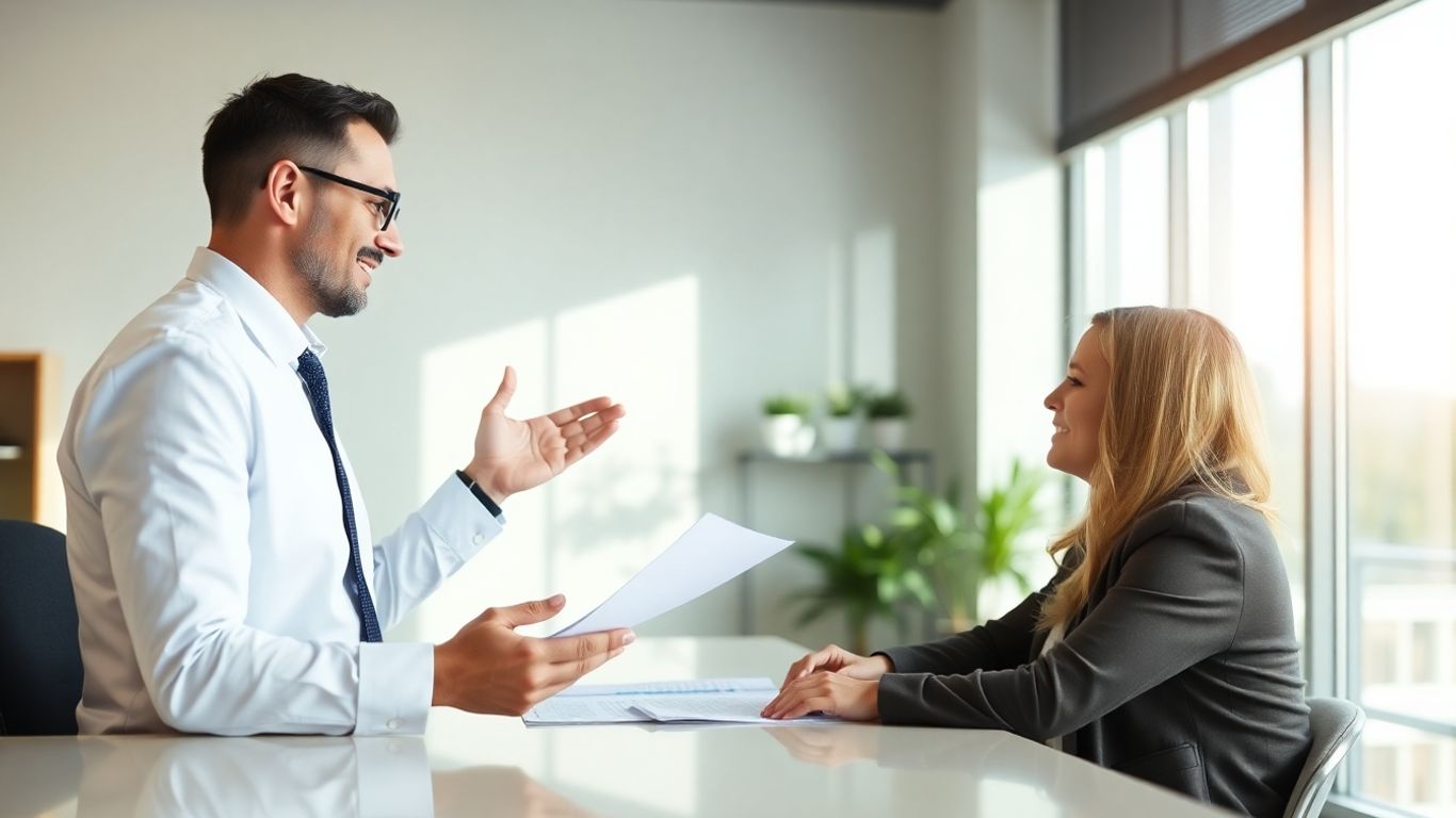 Versicherungsberater und Kunde im Gespräch im Büro