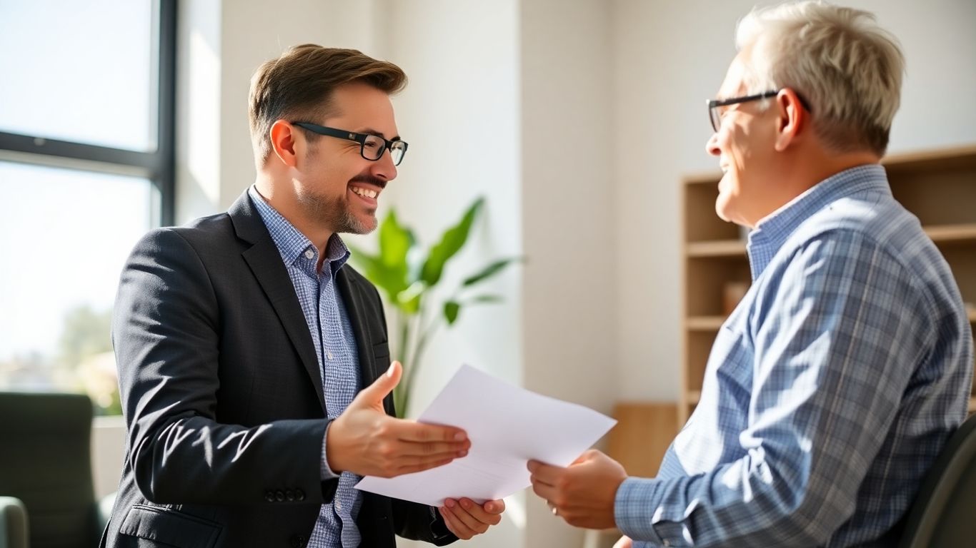 Beratungsgespräch zwischen Versicherungsberater und Kunde im Büro.