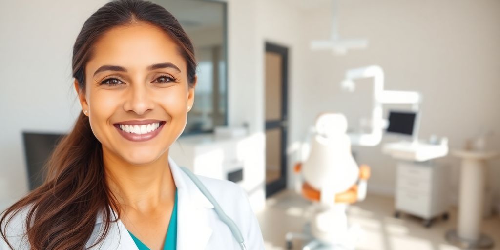 Zahnarzt mit lächelndem Patienten im hellen Behandlungszimmer