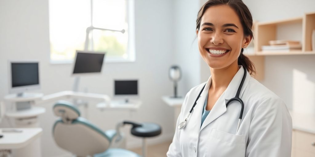 Zahnarzt lächelt in heller Praxis