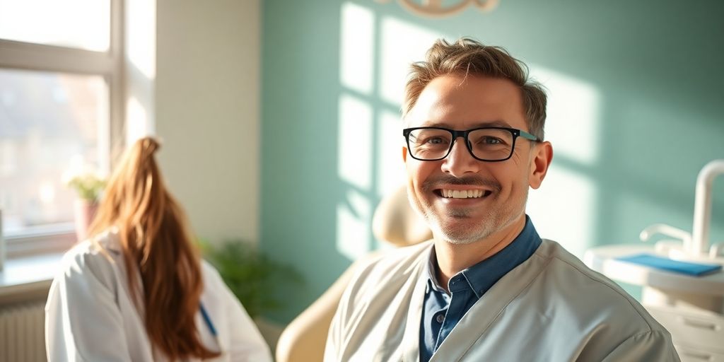 Lachender Zahnarzt in heller Praxis
