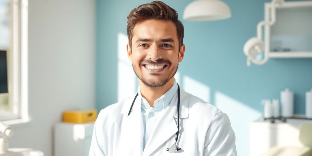 Glücklicher Zahnarzt in heller Praxis.