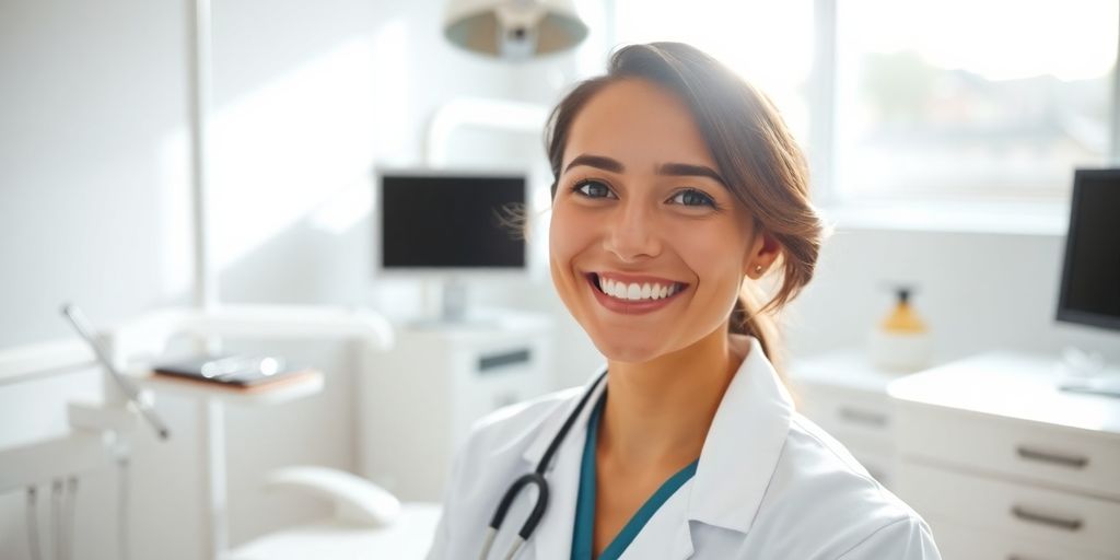 Zahnarzt lächelt in heller Praxis