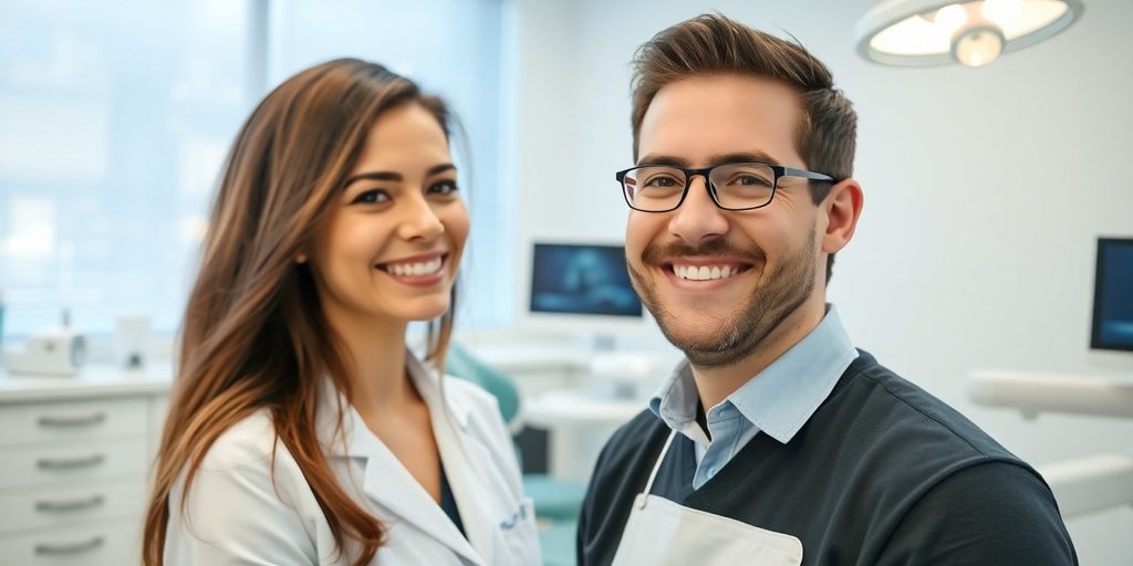 Zwei lächelnde Zahnärzte in einer hellen Praxis.