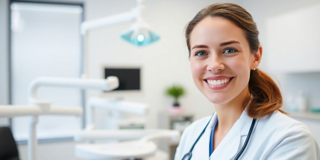 Zahnarzt lächelt in moderner Praxis