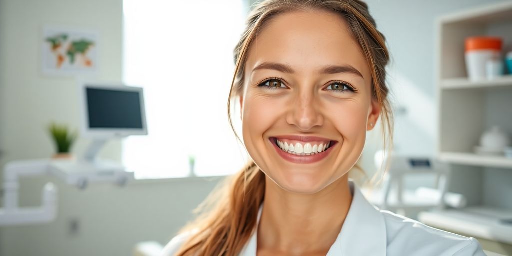 Zahnarzt lächelt in heller Praxis