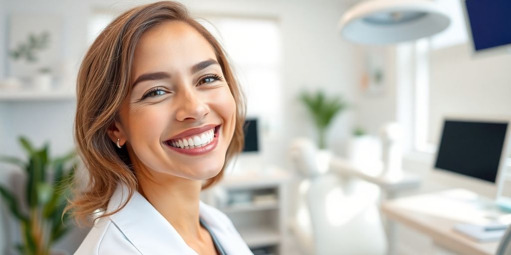 Zahnarzthelferin lächelt in heller Praxis