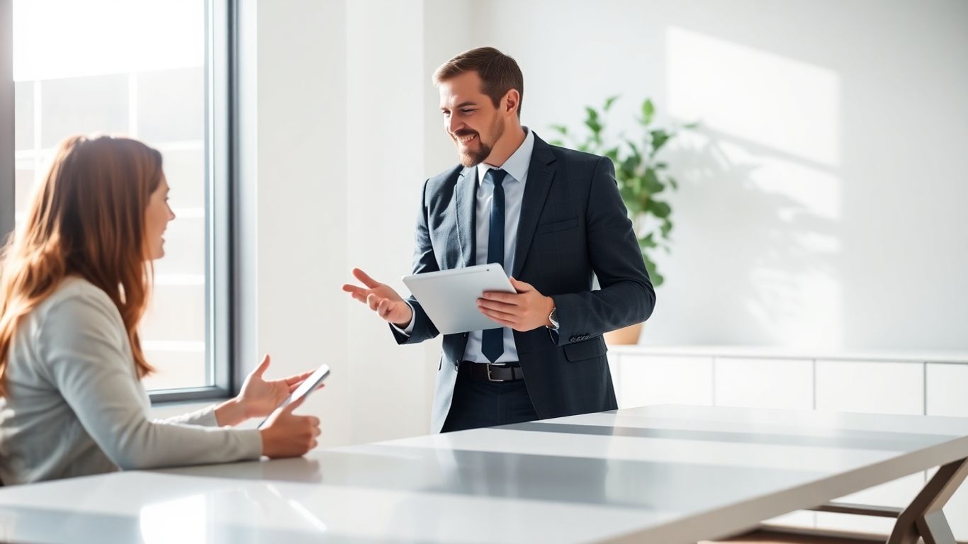 Versicherungsberater und Kunde im Gespräch im Büro