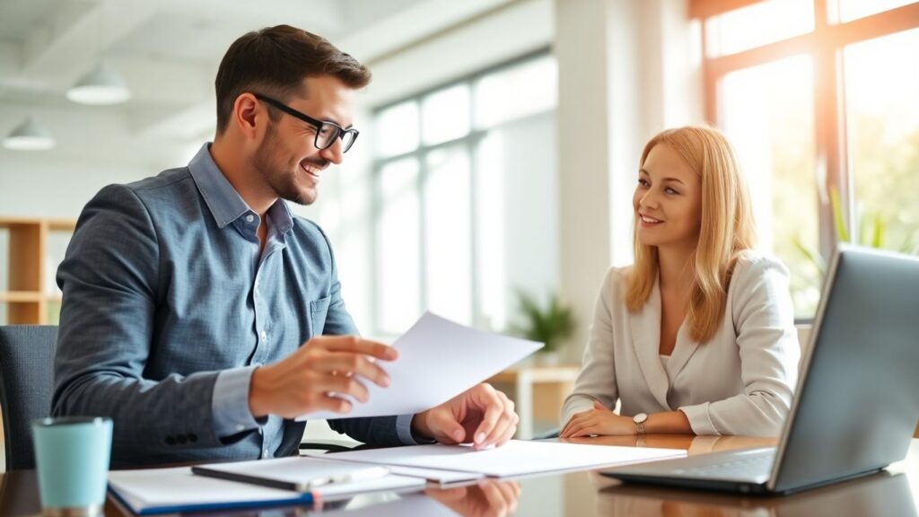Versicherungsberater und Kunde im Gespräch im Büro.