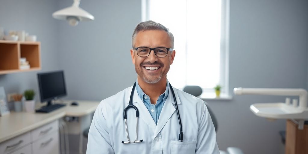 Zahnarzt lächelt in heller Praxis