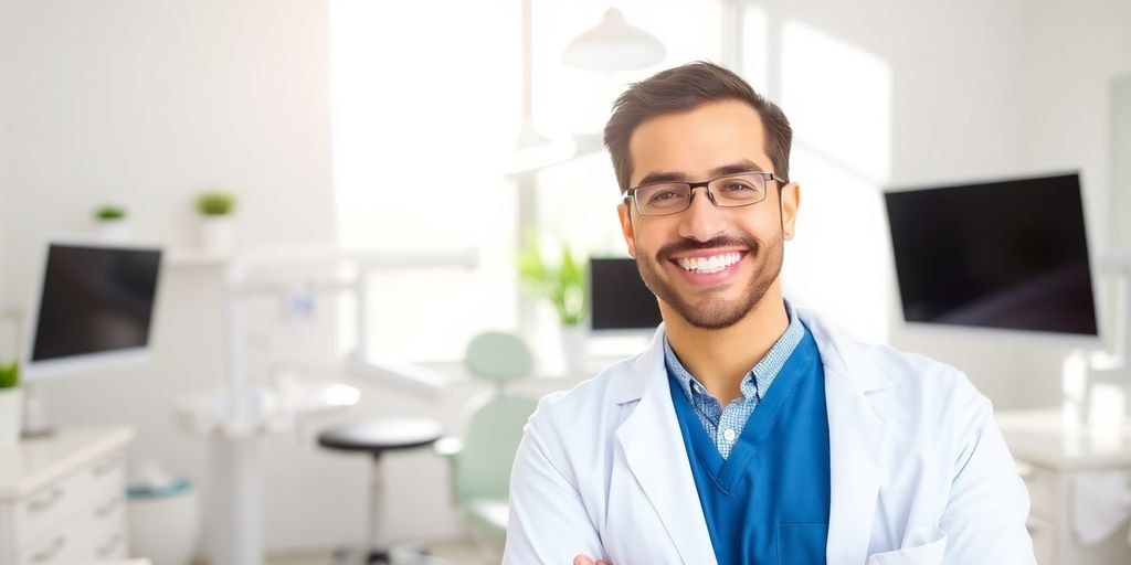 Zahnarzt lächelt in heller Praxis