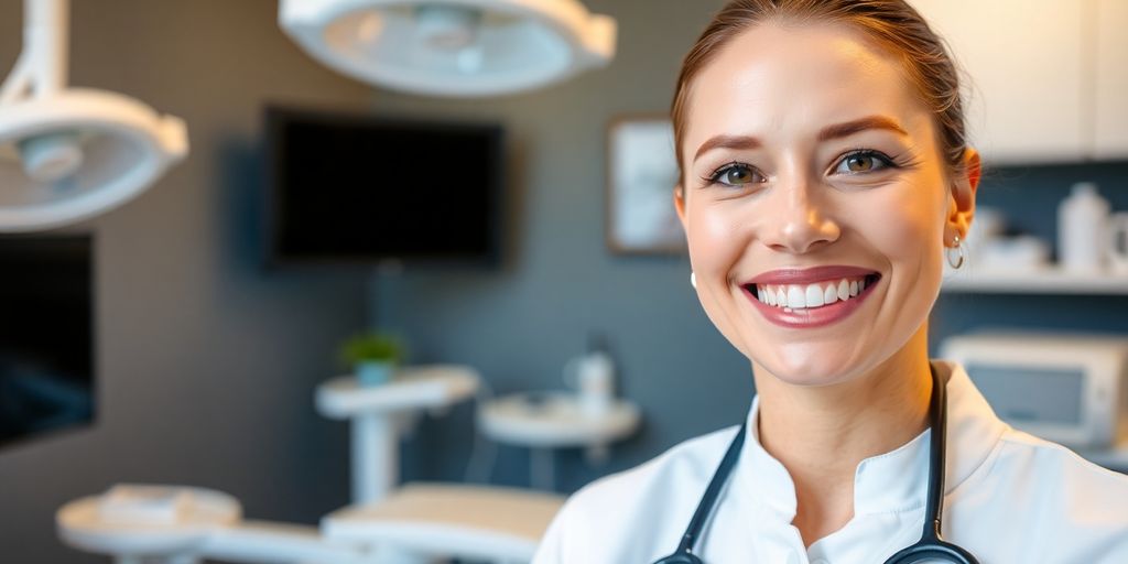 Zahnarzt lächelt in heller Praxis mit Veneers.