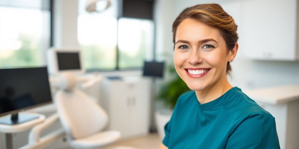 Zahnarzt lächelt in heller Praxis