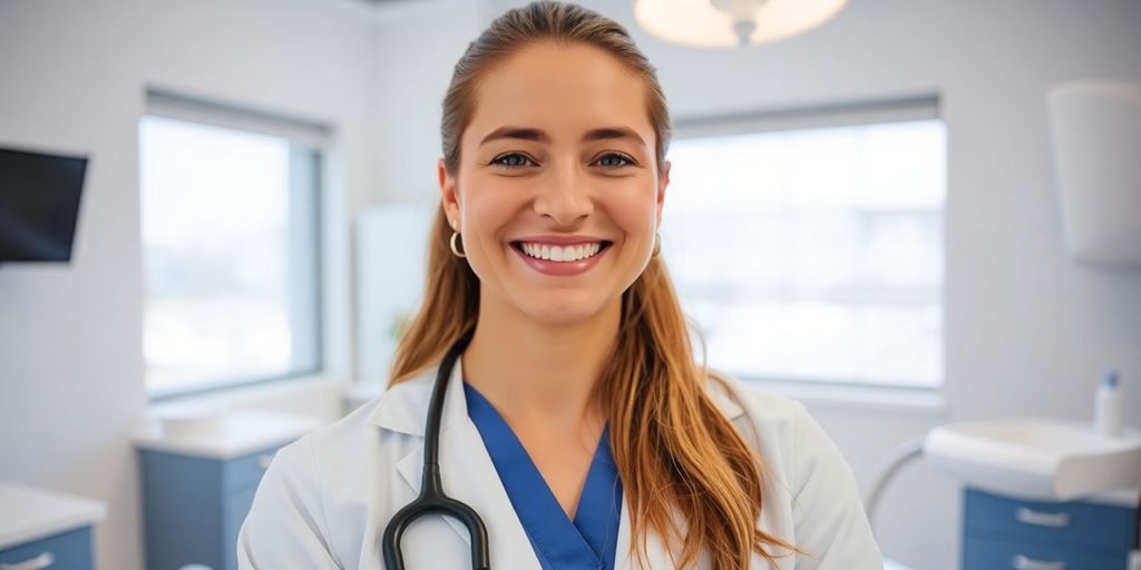 Zahnarzt lächelt in einer hellen Praxis.