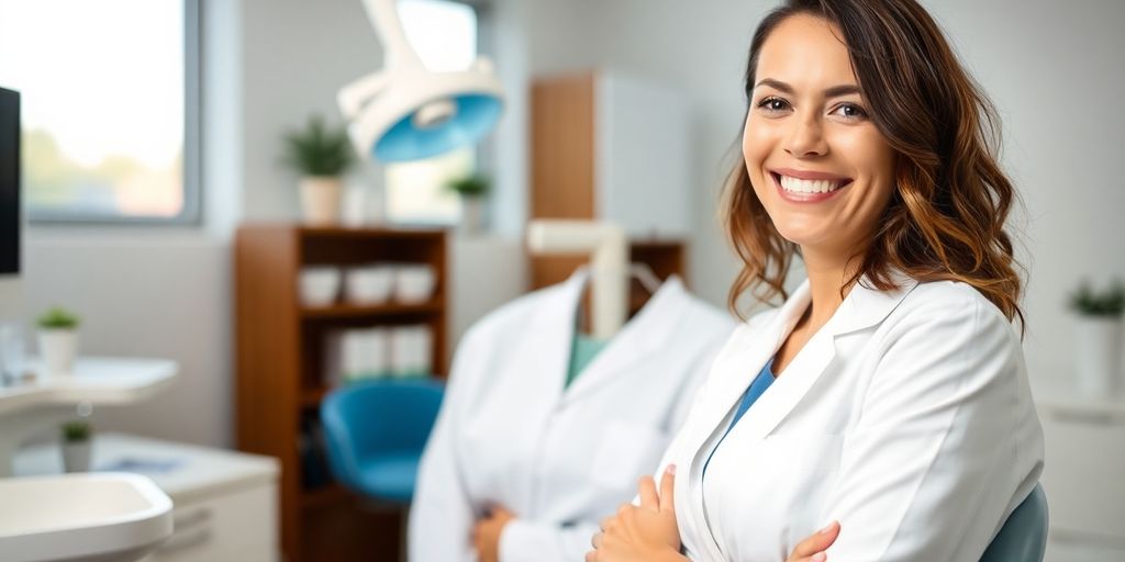 Zahnarzt lächelt in heller Praxis