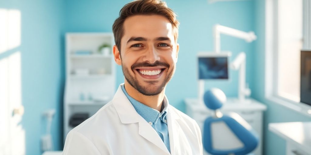 Zahnarzt lächelt in heller Praxis