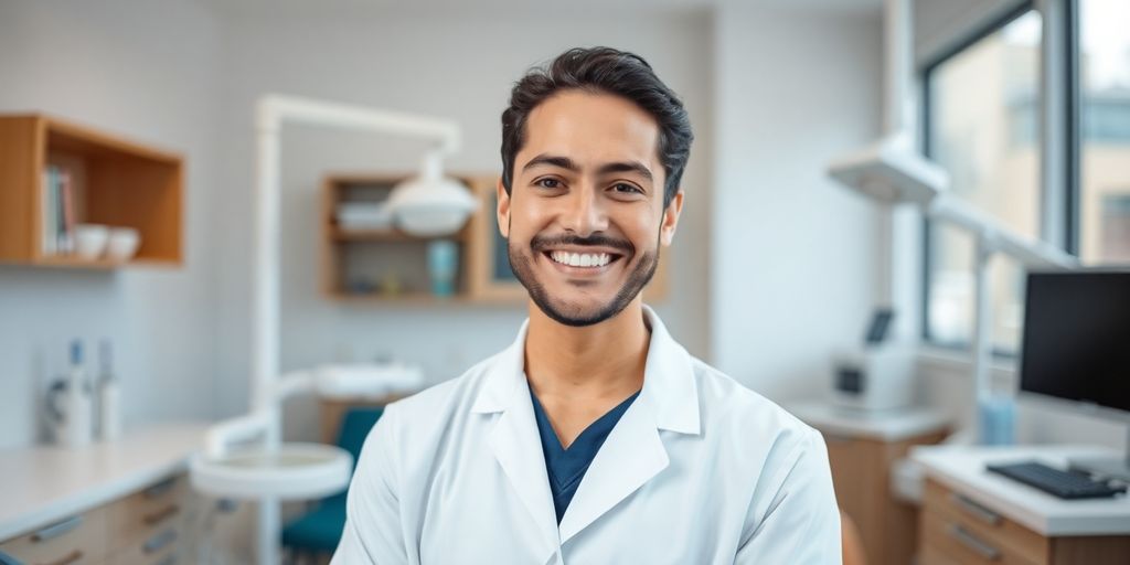 Zahnarzt lächelt in moderner Zahnarztpraxis.