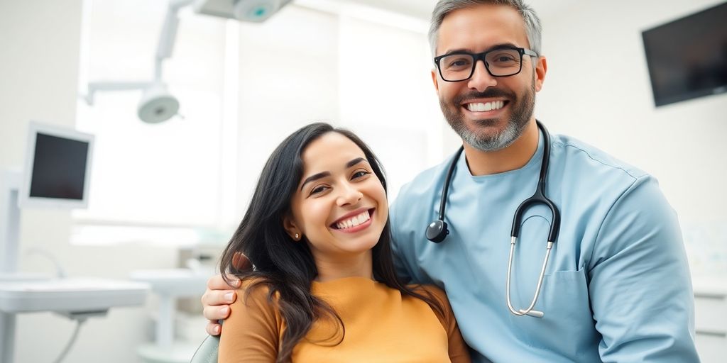 Zahnarzt lächelt in heller Praxis.