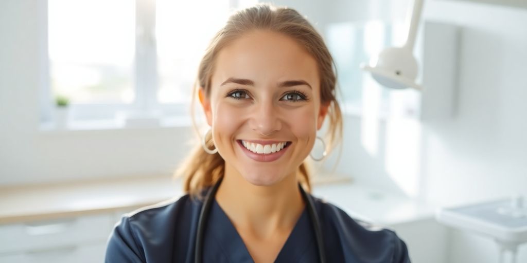 Zahnarzt lächelt in heller Praxis