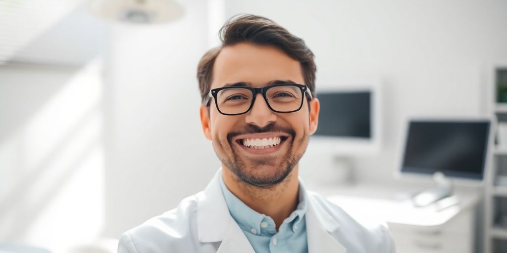 Lächelnder Zahnarzt in moderner Praxis