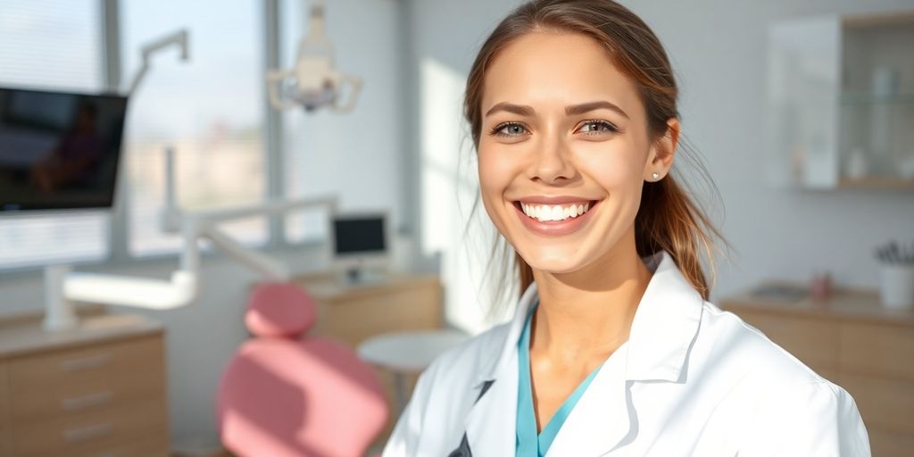 Zahnarzt lächelt in heller Praxis.