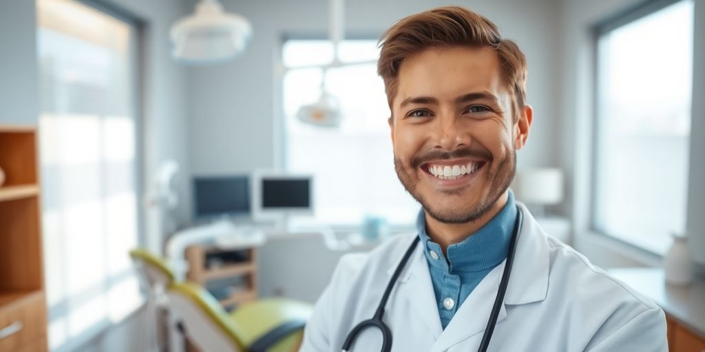 Zahnarzt lächelt in einer hellen Zahnarztpraxis.