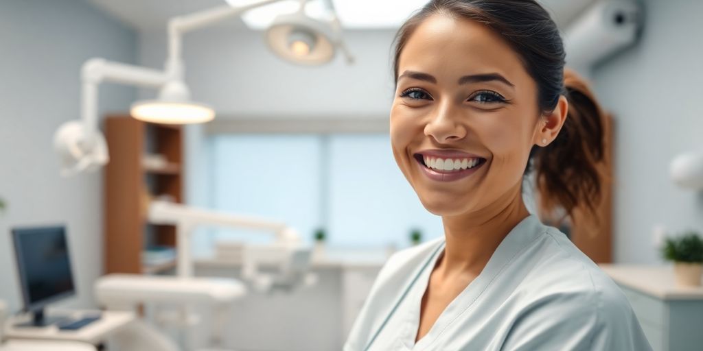 Zahnarzthelferin lächelt in einer modernen Zahnarztpraxis.