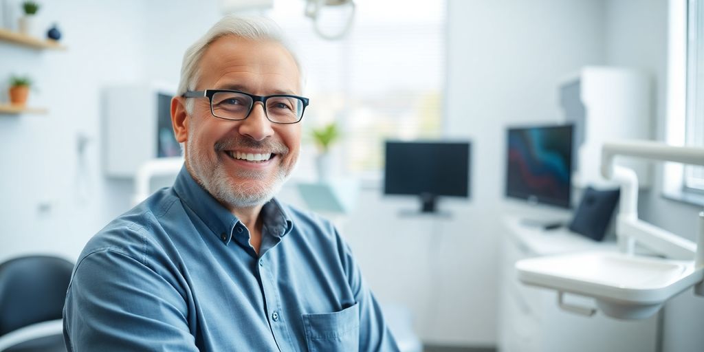 Zahnarzt lächelt in heller Praxis