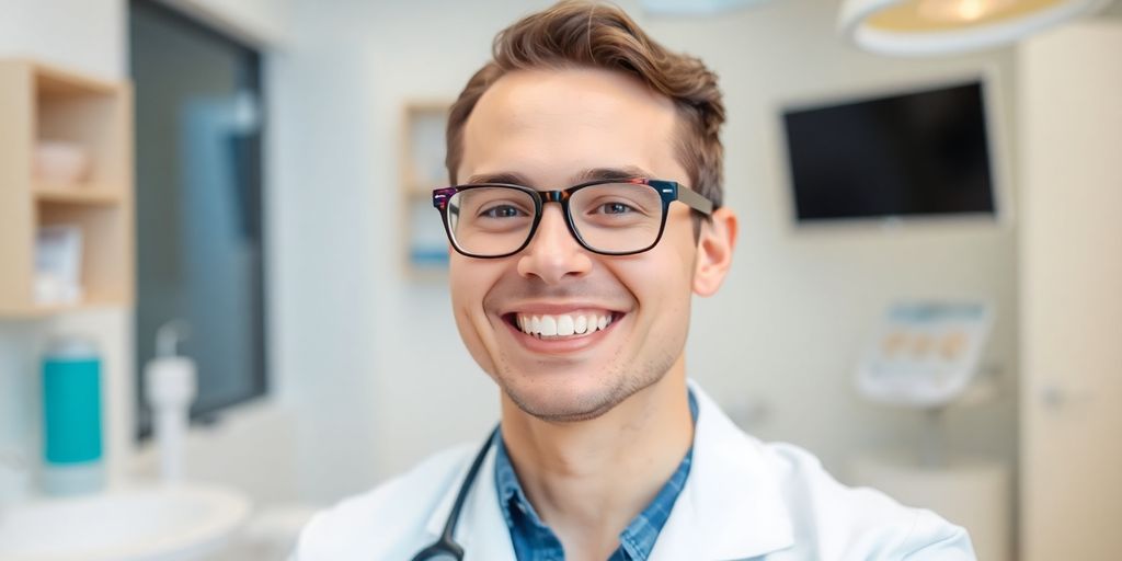 Lächelnder Zahnarzt in heller Praxis