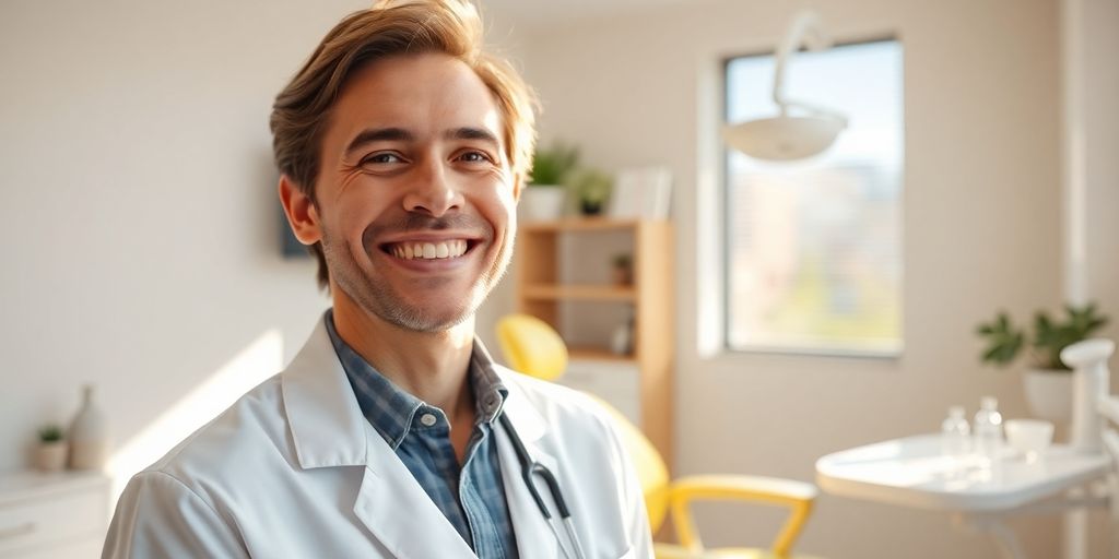 Zahnarzt lächelt in moderner Praxis