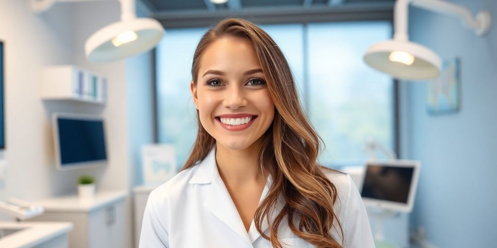 Zahnarzt lächelt in heller Praxis.