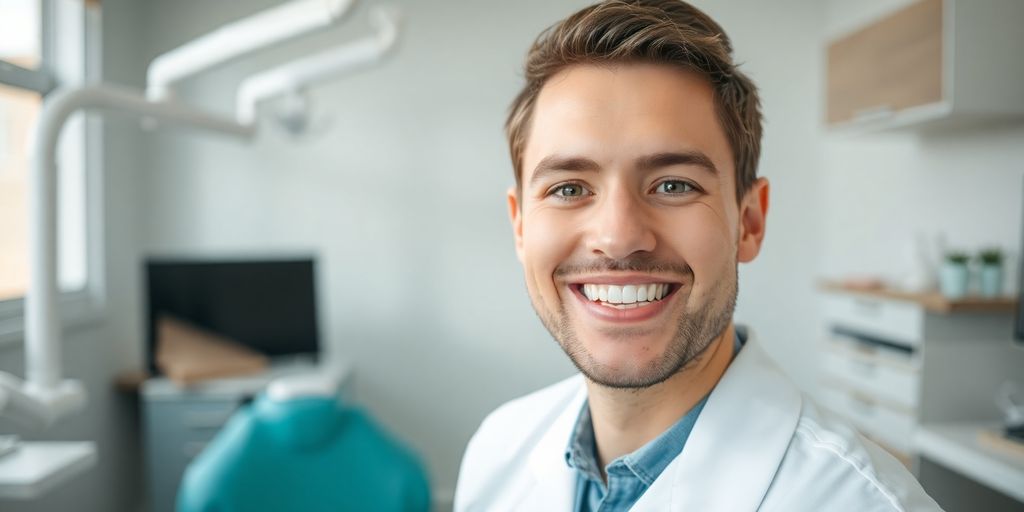 Zahnarzt lächelt in heller Praxis