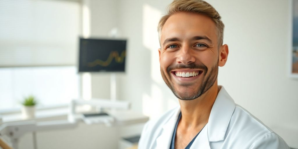 Zahnarzt lächelt in moderner Praxis.