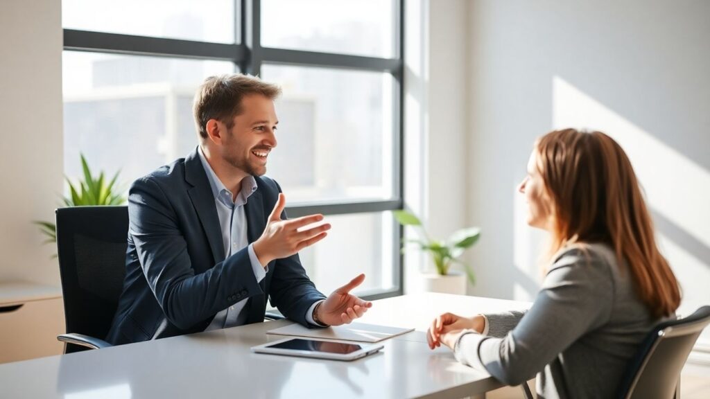 Versicherungsberater und Kunde im Gespräch im Büro.