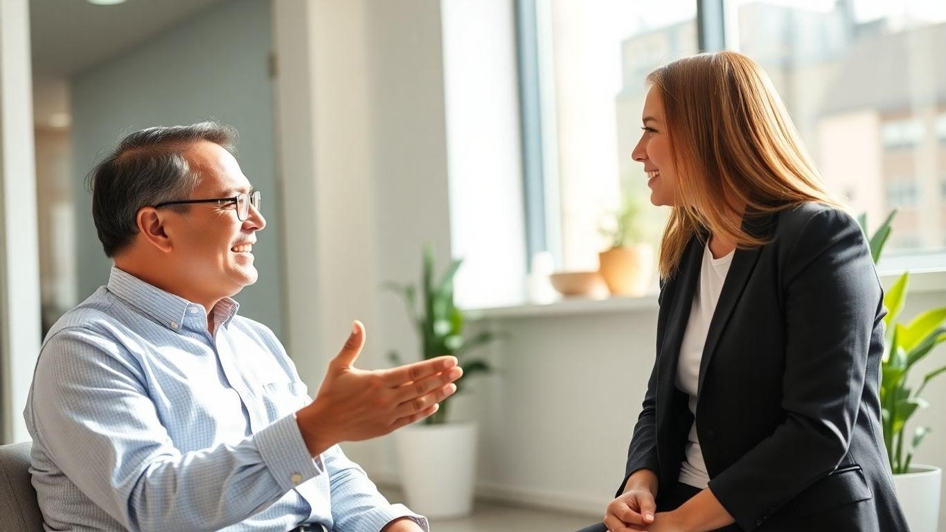 Versicherungsberater und Kunde im Gespräch im Büro.