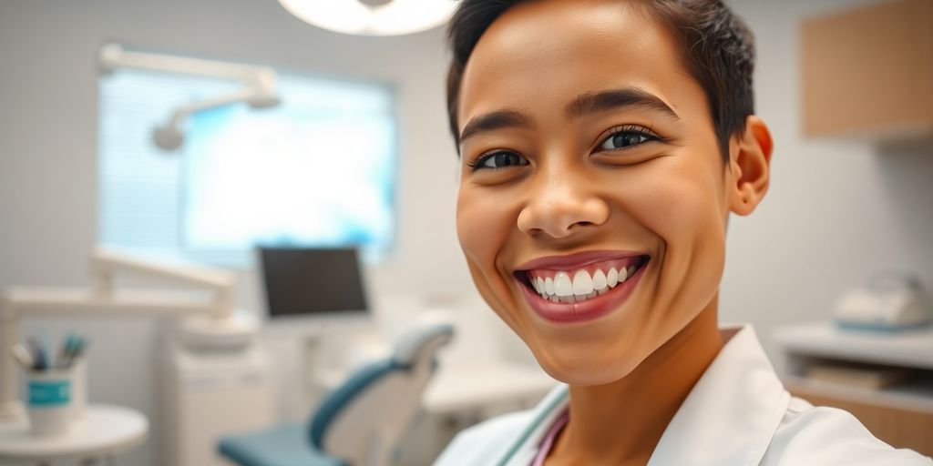 Lächelnder Zahnarzt in heller Praxis
