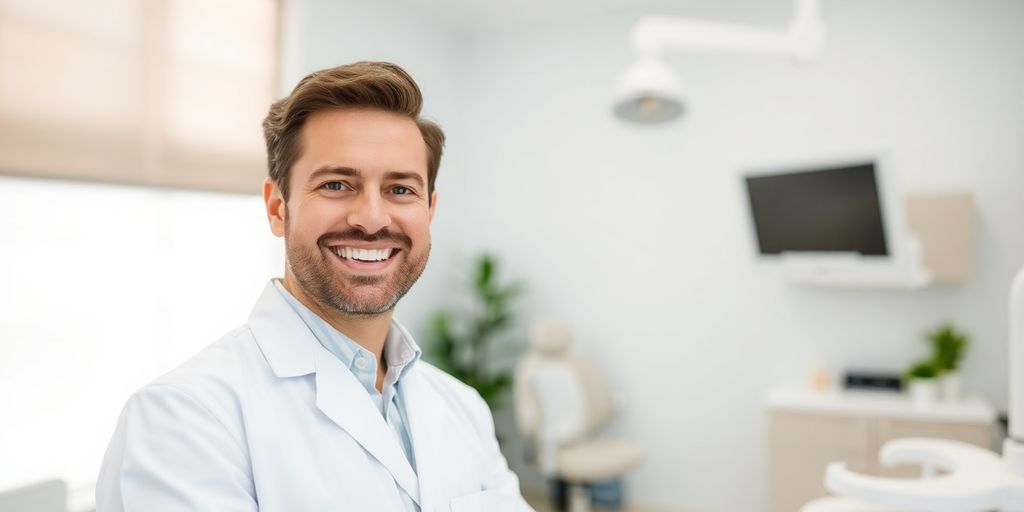 Lächelnder Zahnarzt in heller Praxis