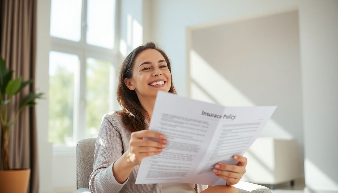 Happy person holding insurance document in bright room.
