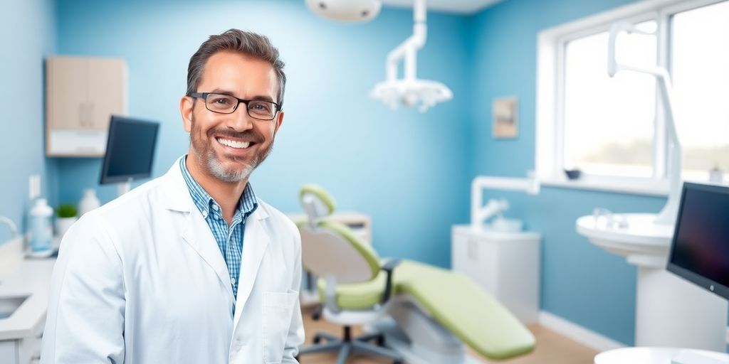 Zahnarzt lächelt in moderner heller Praxis.