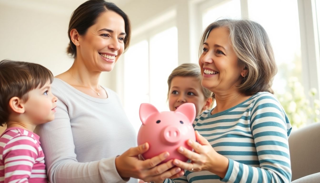 Mother with piggy bank and children in a bright setting.
