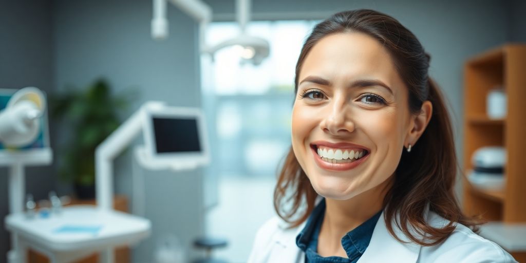Zahnarzt lächelt in heller Praxis