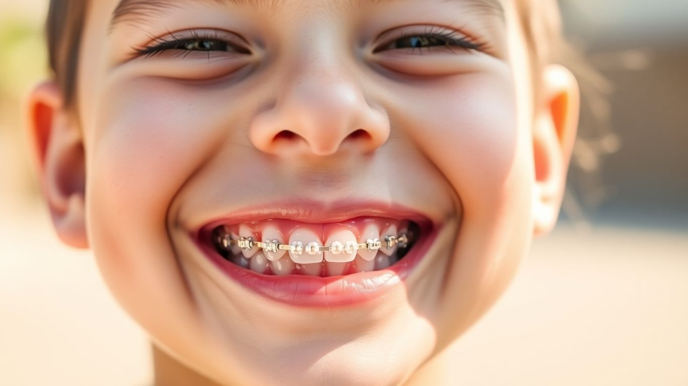 Kind mit Zahnspange lächelt glücklich.