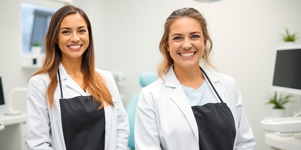 Zwei lächelnde Zahnärzte in einer hellen Praxis.