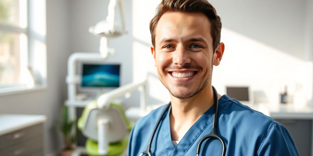 Zahnarzt lächelt in heller Praxis