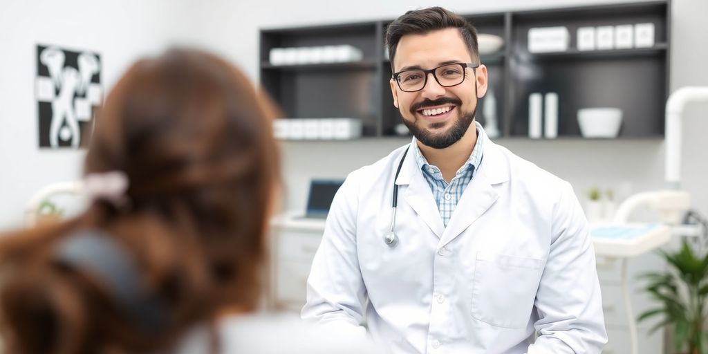 Lachender Zahnarzt in moderner Praxis