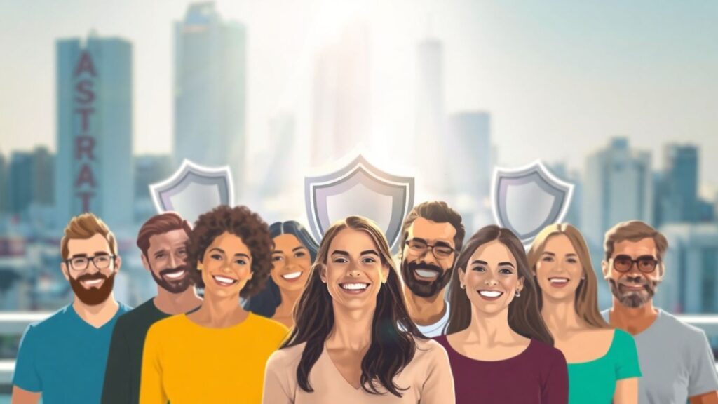 Menschen mit Schutzschildern und Stadt im Hintergrund.