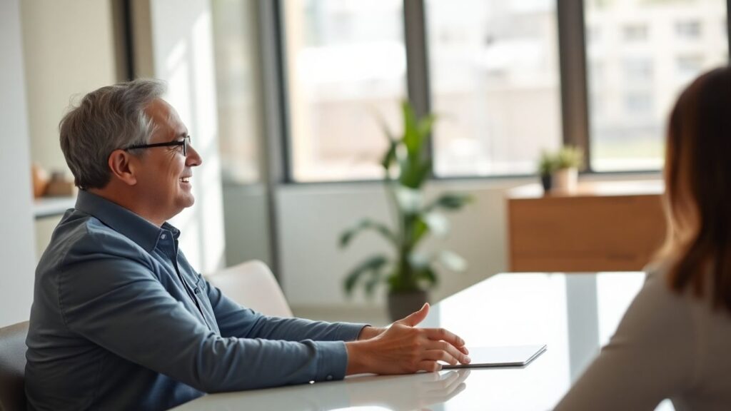 Versicherungsberater und Kunde im Gespräch im Büro.